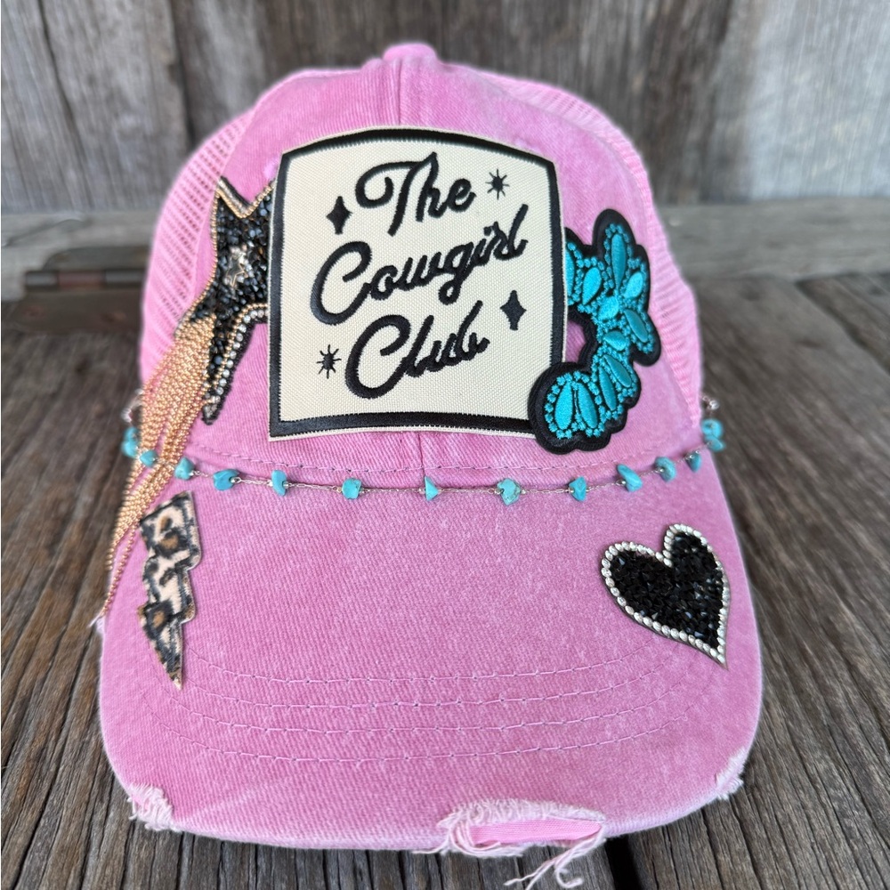 Pink distressed Cowgirl Club Glitter star Western Iron on Patch Trucker Hat
